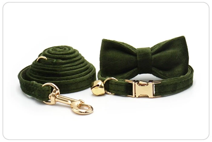 gold metal buckle military green velvet cat collar set