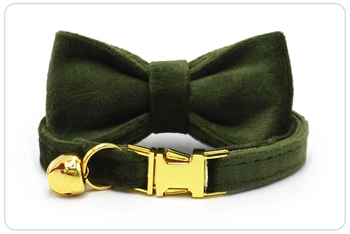 shinny gold metal buckle military green velvet cat collar set shinny gold metal buckle military green velvet cat collar set