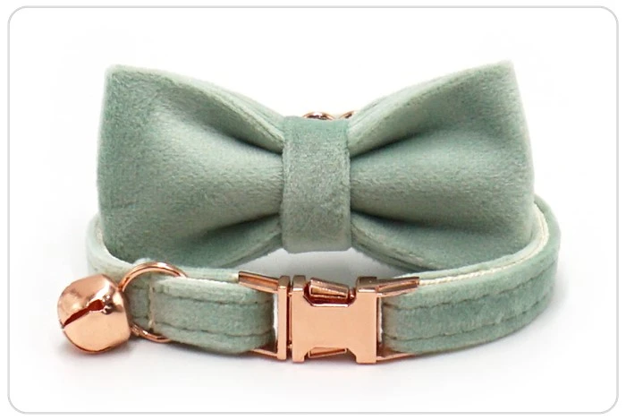 rose gold buckle sage green velvet cat collar and bowtie set